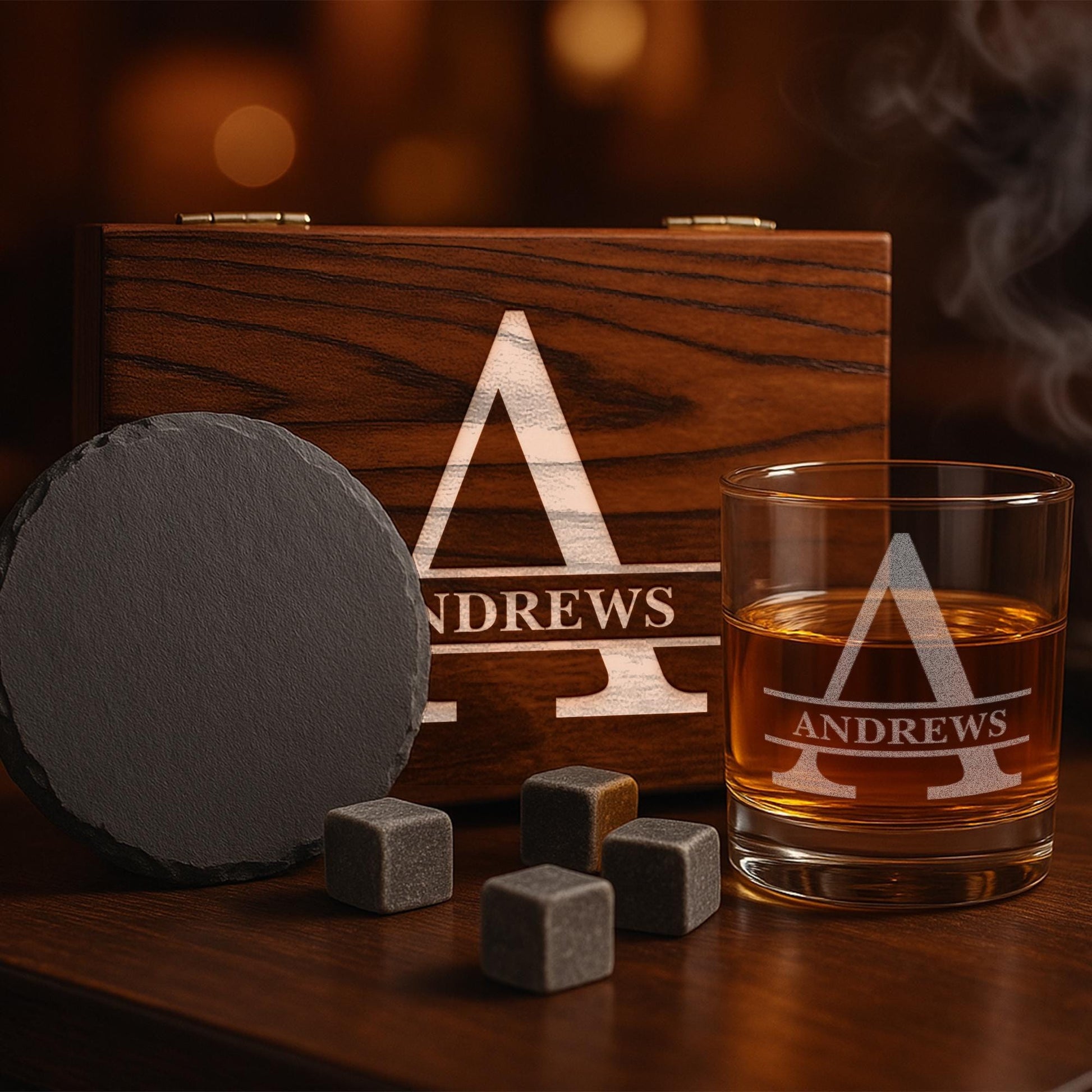 Personalized Name Monogram Whiskey Glass Gift Set – 11 oz Engraved Monogram Bourbon Glass with Slate Coaster, Chilling Stones & Wooden Box