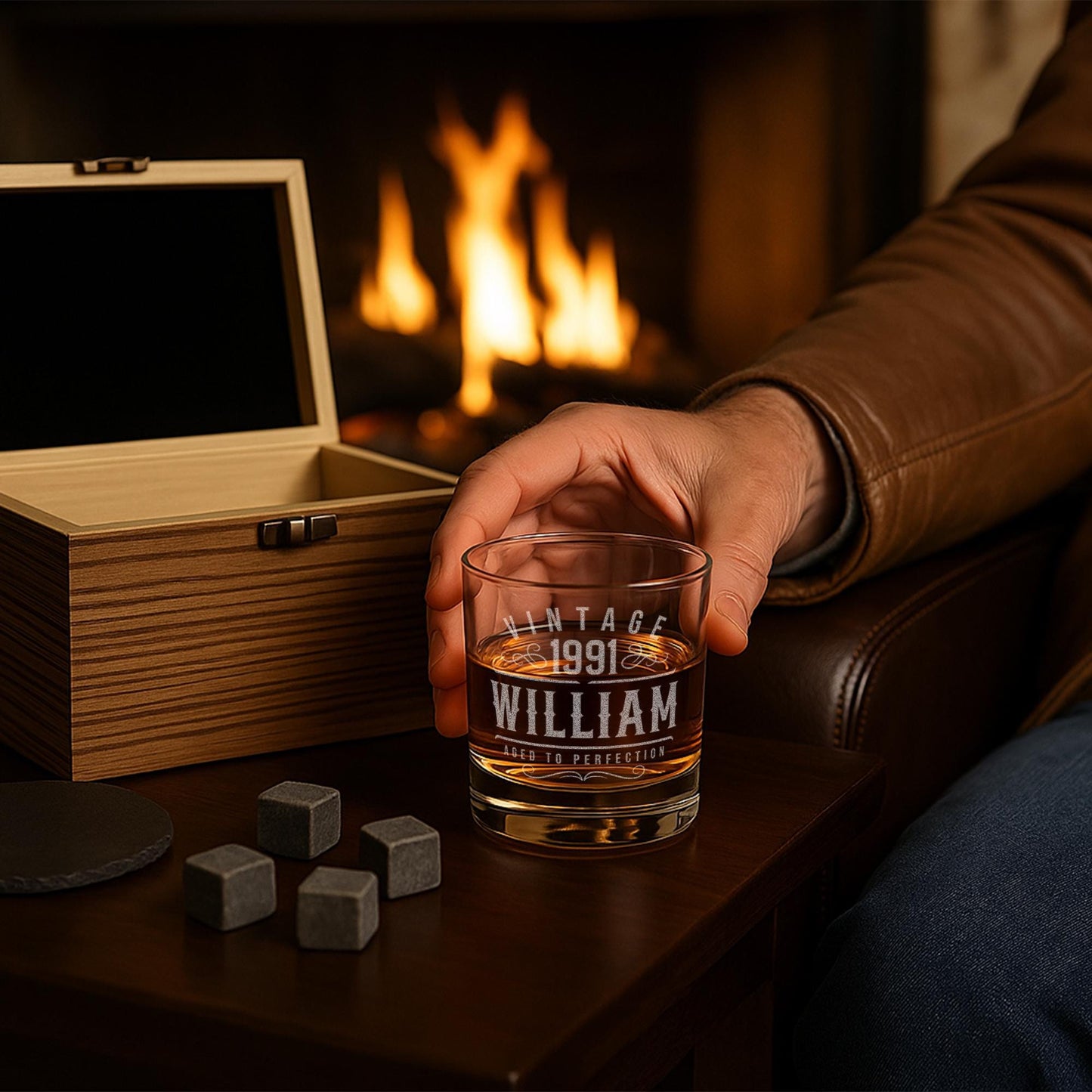 Personalized Vintage Birthday Gifts for Men – 11 oz Custom Engraved Bourbon Glass Set with Slate Coaster, Chilling Stones & Wooden Box