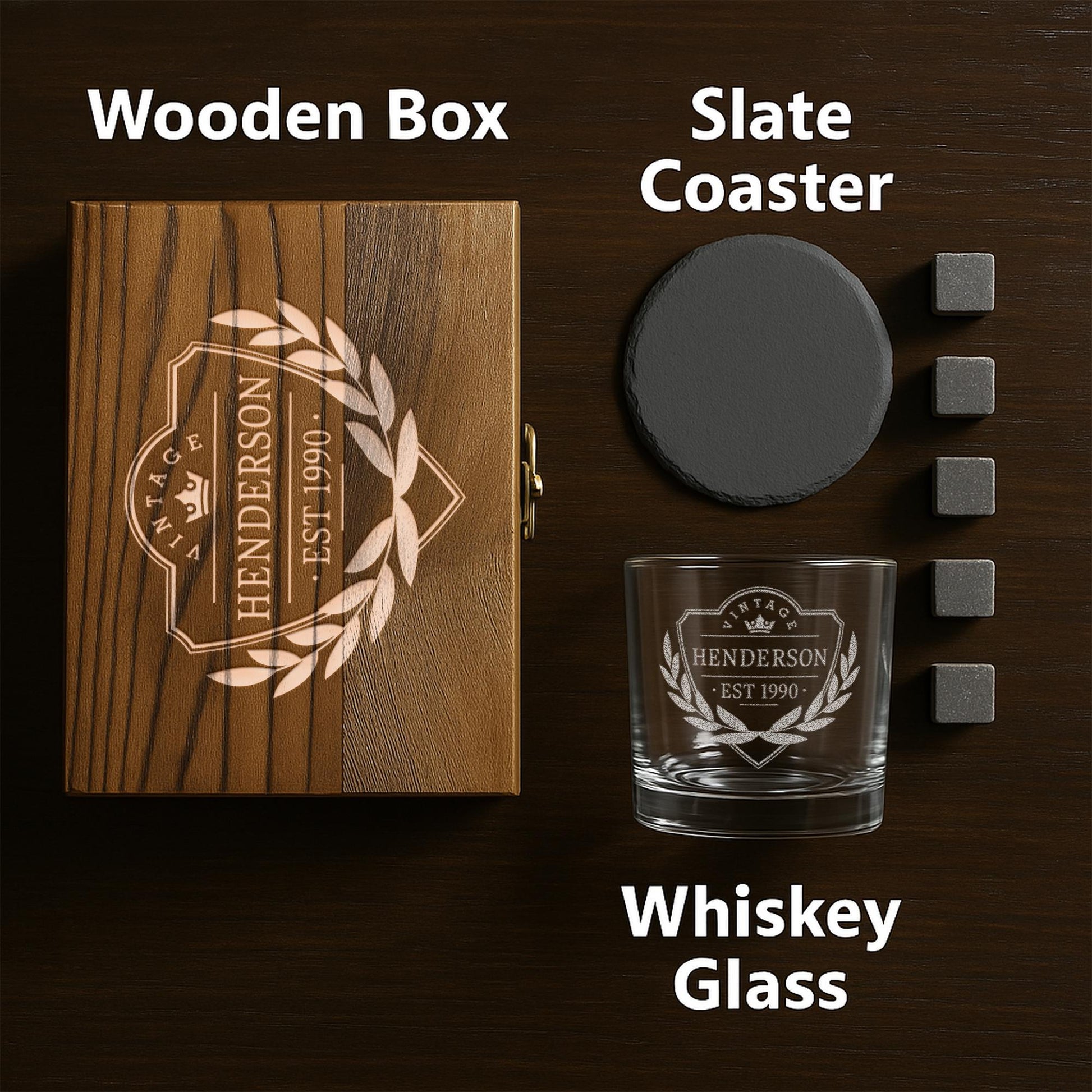 Personalized Vintage Birthday Gifts for Men – 11 oz Custom Engraved Bourbon Glass Set with Slate Coaster, Chilling Stones & Wooden Box