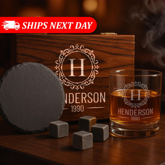 Personalized Wedding Gifts – 11 oz Engraved Bourbon Glass Set with Slate Coaster, Chilling Stones & Wooden Box – 4 Designs for Anniversary