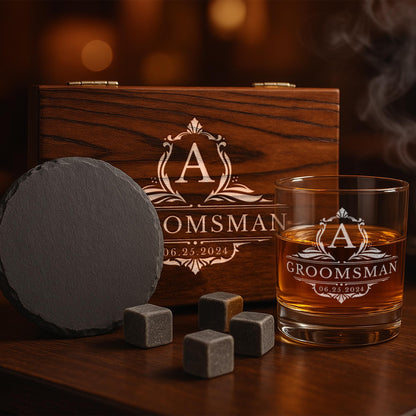 Personalized Groomsmen Whiskey Glass Gift Set – Custom Gift – Engraved 11 oz Scotch Glass with Slate Coaster, Chilling Stones & Wooden Box