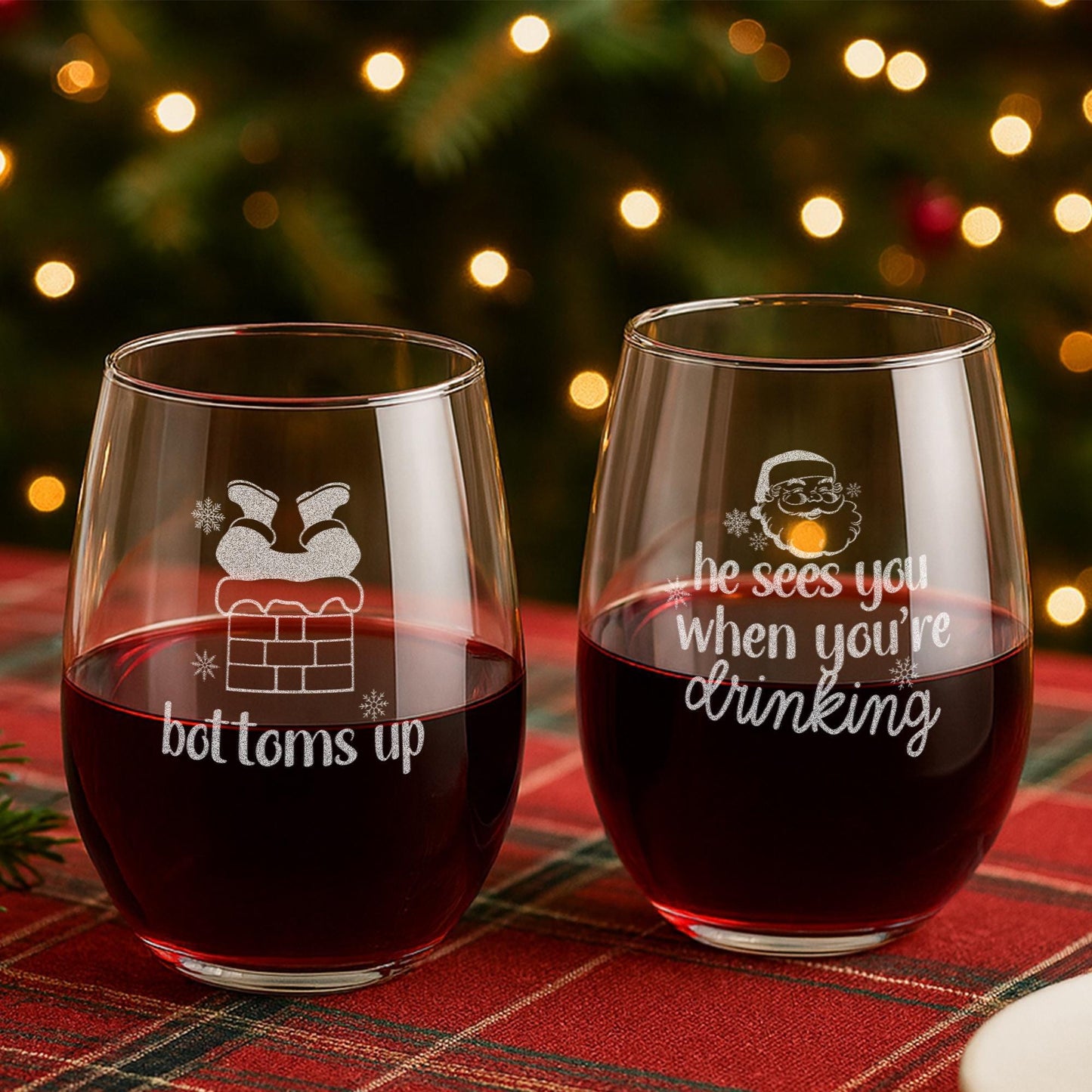 Funny Santa Wine Glasses-Christmas Wine Glass-Secret Santa Gift-He Sees You When You’re Drinking-Holiday Gift Exchange-Xmas Drinkware