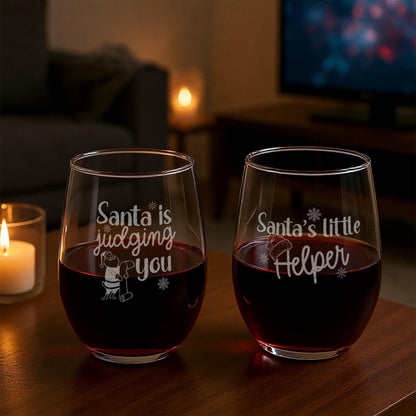 Funny Santa Wine Glasses-Christmas Wine Glass-Secret Santa Gift-He Sees You When You’re Drinking-Holiday Gift Exchange-Xmas Drinkware