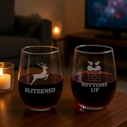 Funny Christmas Wine Glasses-Funny Christmas Gifts-Secret Santa Gift Ideas-Funny Christmas Decor-Funny Christmas Gifts-Bottoms Up-Blitzened