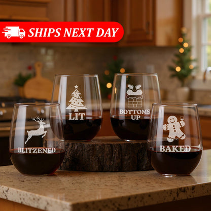 Funny Christmas Wine Glasses-Funny Christmas Gifts-Secret Santa Gift Ideas-Funny Christmas Decor-Funny Christmas Gifts-Bottoms Up-Blitzened
