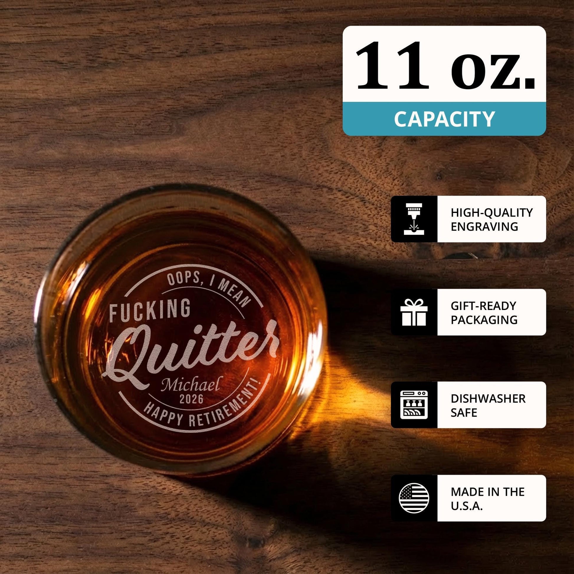 Funny Retirement Whiskey Glass-Bottom Engraved Custom Gift-Retired Gift From Coworker-Funny Retirement Gifts-Retirement Quitter Whiskey