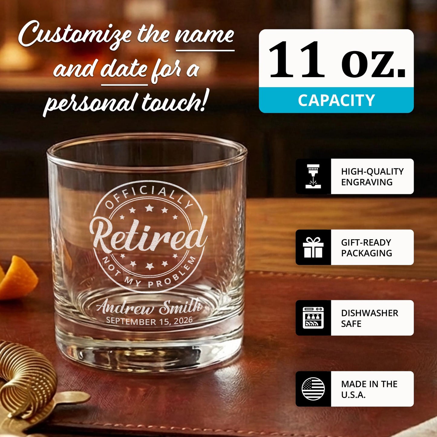 Retirement Gifts For Men-Personalized Whiskey Glass-Bourbon Glasses-Retired Gift For Boss Or Coworker-Retirement Keepsake-Retirement Present
