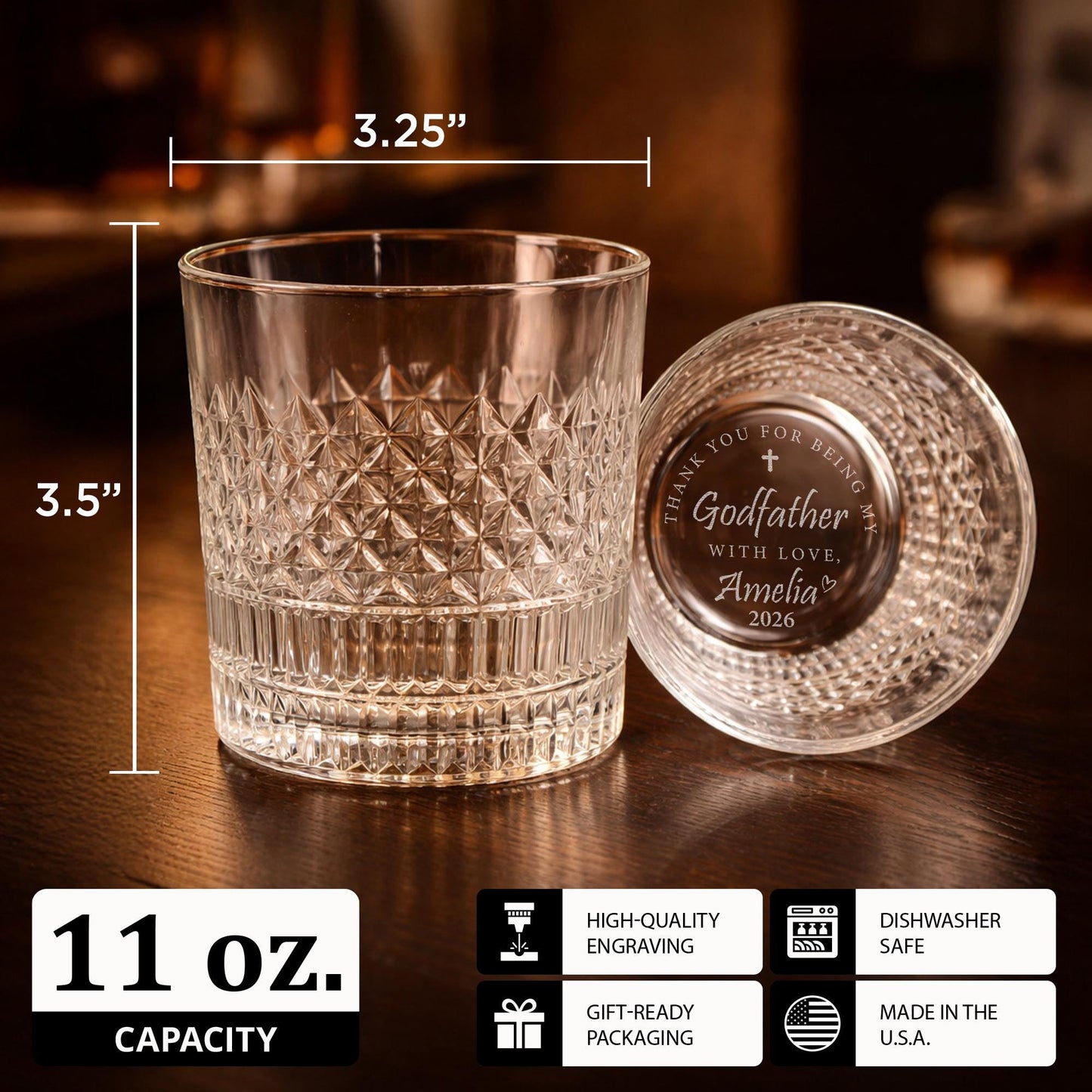 Custom Engraved Godfather Whiskey Glass Gift-Baptism-Godfather Drinking Glass-Godfather Thank You Gifts-Godparent Gifts-Godfather Proposal