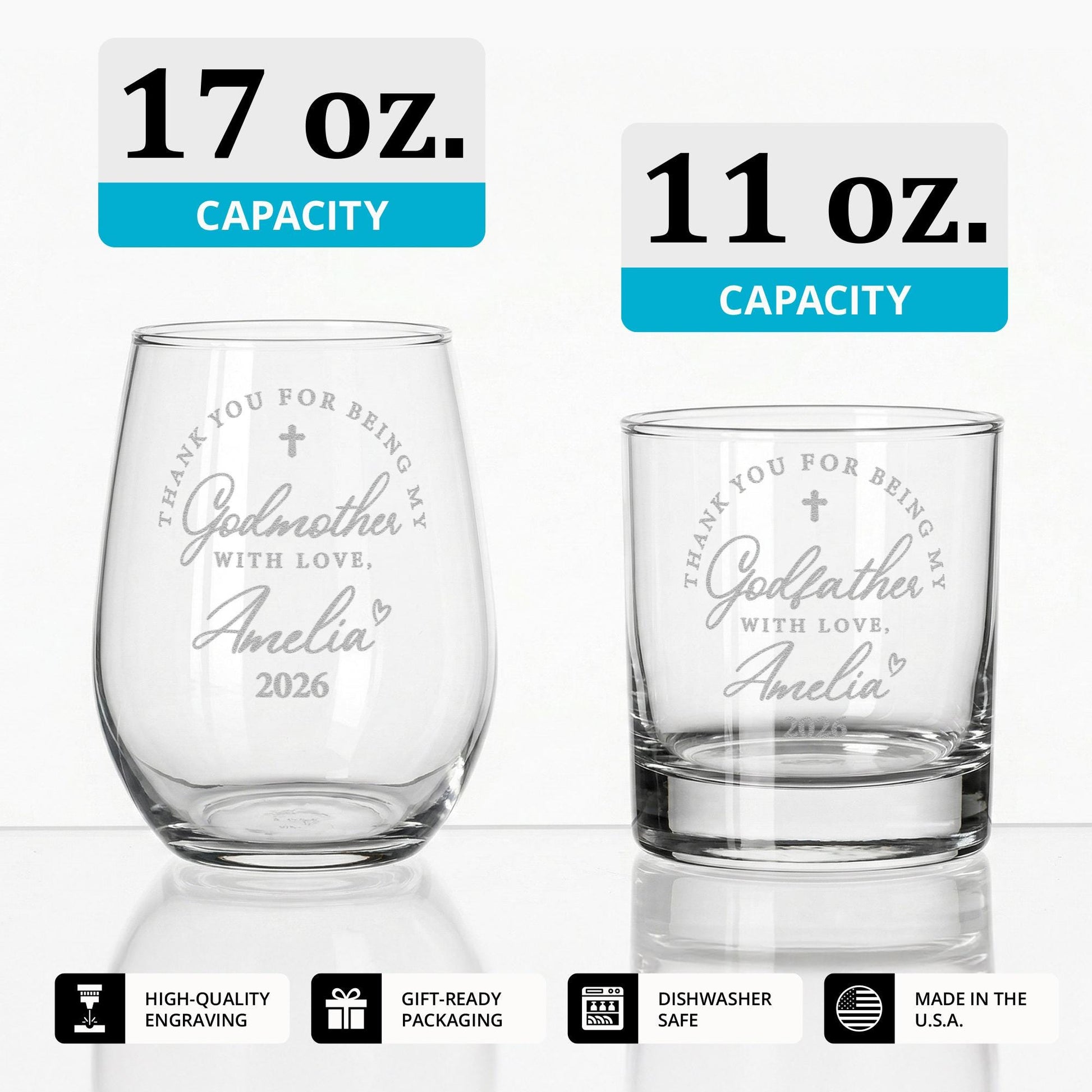 Personalized Godparent Gift Set, Custom Godmother Wine & Godfather Whiskey Glass, Baptism Christening Keepsake, Unique Gift from Godchild