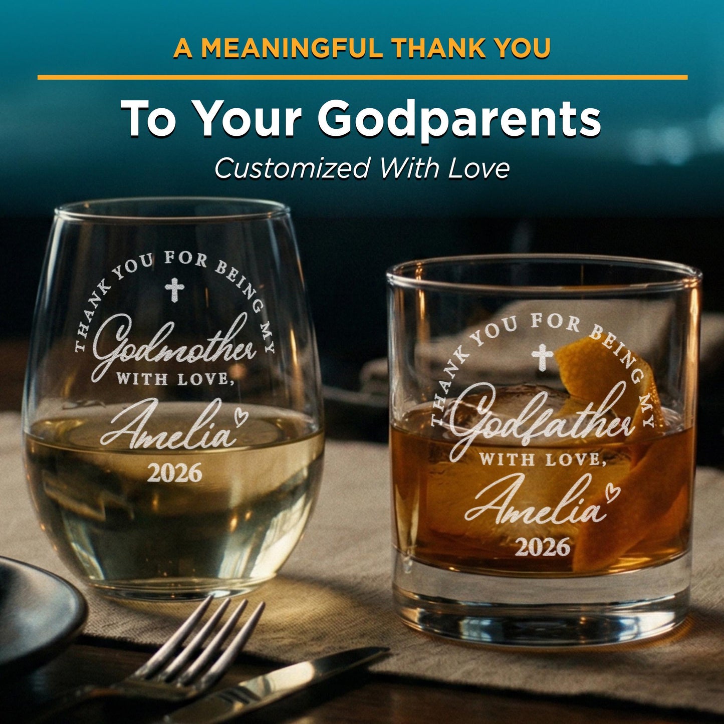 Personalized Godparent Gift Set, Custom Godmother Wine & Godfather Whiskey Glass, Baptism Christening Keepsake, Unique Gift from Godchild