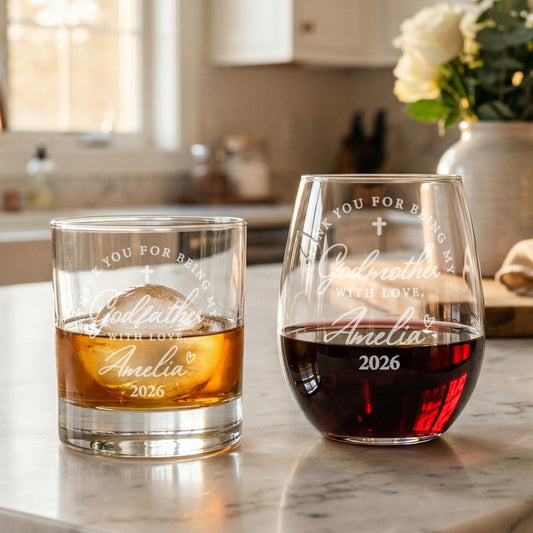 Personalized Godparent Gift Set, Custom Godmother Wine & Godfather Whiskey Glass, Baptism Christening Keepsake, Unique Gift from Godchild