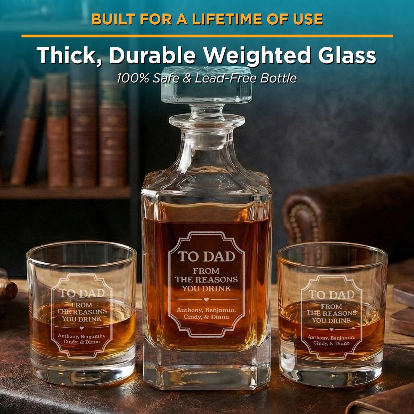 Personalized Fathers Day Gift-Gifts For Dads-Best Dad Gifts-Decanter Set With Whiskey Glasses-Gift With Kids Names-Gift From Kids-Bourbon