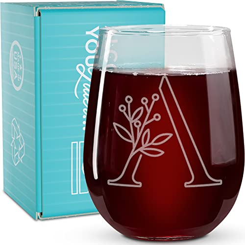 On The Rox Drinks Monogrammed Gifts For Women and Men - Letter A-Z Initial Engraved Monogram Stemless Wine Glass - 17 Oz Personalized Wine Glifts For Women and Men (A)