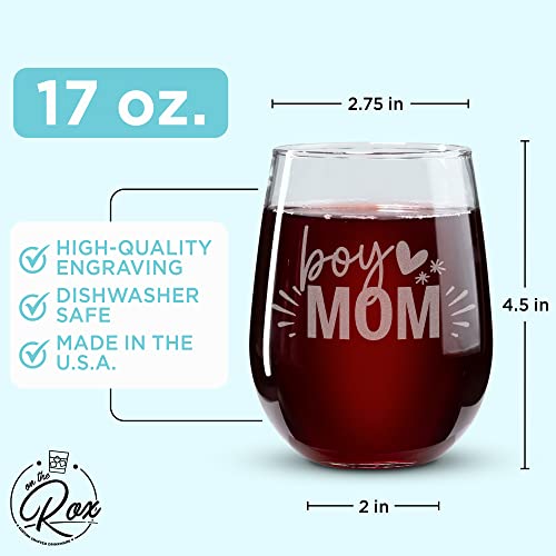 On The Rox Drinks Wine Gifts for Mom- 17Oz “Boy Mom” Engraved Stemless Wine Glass