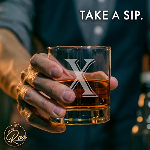 (X-Monogram)- 4 Piece Set of 11 Ounce Engraved Heavy Base Rocks Glasses- Quality Elegant Glass-Multi-Purpose Beverage-Rocks Glass- For any Occasion- By: On The Rox