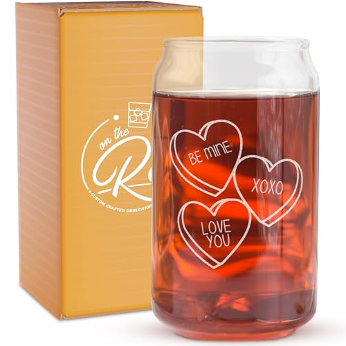 On The Rox Drinks Valentines Day Gift For Him Her Engraved 16oz Beer Soda Can Glass - Set of 1 (Candy Hearts)