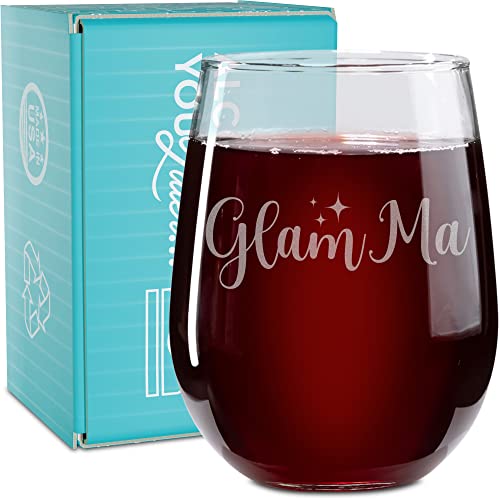 On The Rox Drinks Wine Gifts for Grandma- 17 Oz Glam Ma Engraved Stemless Wine Glass