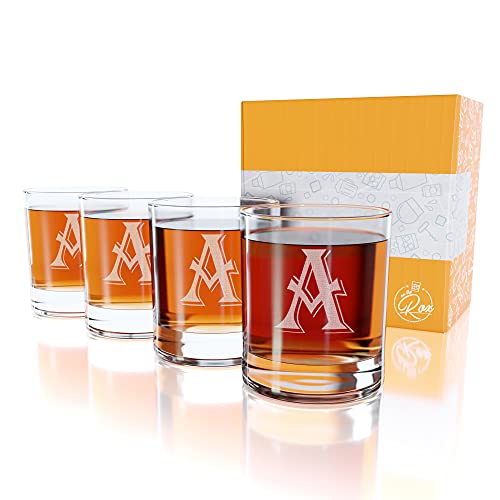 On The Rox 4 Piece Glass Set Engraved with A-Monogram, 11-Ounce