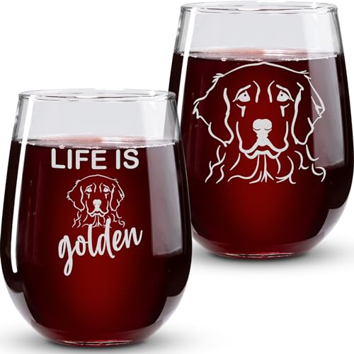 On The Rox Drinks Golden Retriever Gifts for Dog Lovers - Life Is Golden Stemless Wine Glass Set of 2- Cute Dog Face Glasses for Women - Funny Tumbler, Cup for Pet Lovers