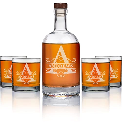Personalized Whiskey Decanter Set for Men - Custom 5PC Monogram Whiskey Decanter and Glass Set - Scotch, Liquor Cups for Dad - Customized Bourbon Decanter Set with Glasses by On The Rox Drinks