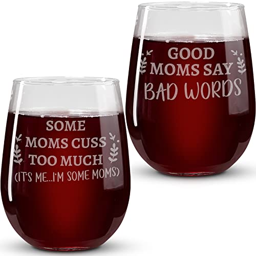 On The Rox Drinks Wine Gifts for Moms - 17oz Good Moms and Some Moms Stemless Wine Glass Set of 2