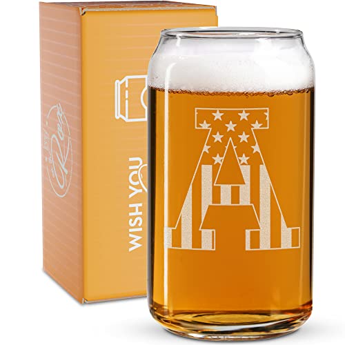 Monogram Beer Glasses for Men (A-Z) 16 oz - Beer Gifts for Men Brother Son Dad Neighbor - Unique Gifts for Him - Personalized Drinking Gift Beer Glass Mugs - Engraved Beer Can Glass ( A )