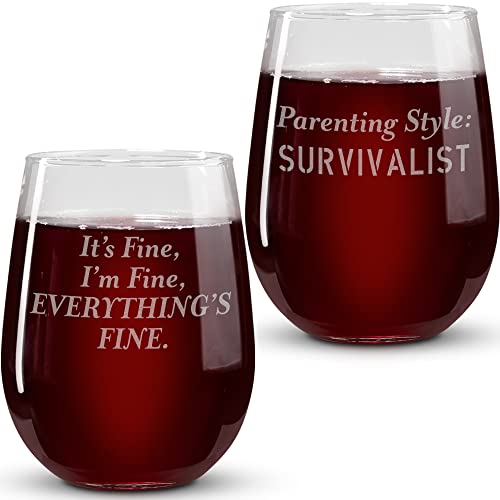 On The Rox Drinks Wine Gifts for Moms - 17oz Everything's Fine and Survivalist Stemless Wine Glass Set of 2