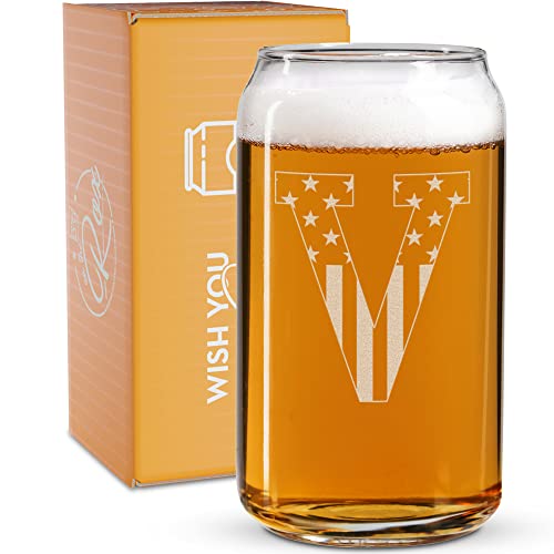 Monogram Beer Glasses for Men (A-Z) 16 oz - Beer Gifts for Men Brother Son Dad Neighbor - Unique Christmas Gifts for Him - Personalized Drinking Gift Beer Glass Mugs - Engraved Beer Can Glass ( V )