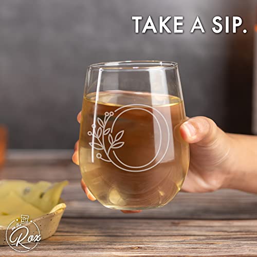 On The Rox Drinks Monogrammed Gifts For Women and Men - Letter A-Z Initial Engraved Monogram Stemless Wine Glass - 17 Oz Personalized Wine Glifts For Women and Men (O)