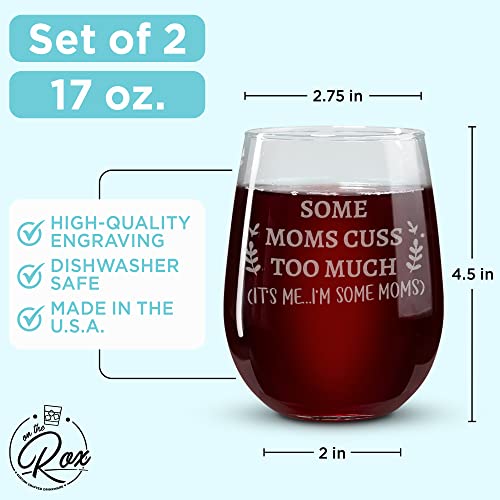 On The Rox Drinks Wine Gifts for Moms - 17oz Good Moms and Some Moms Stemless Wine Glass Set of 2