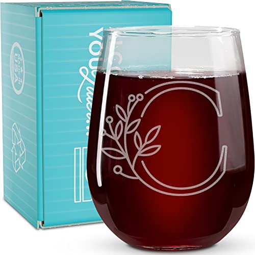 On The Rox Drinks Monogrammed Gifts For Women and Men - Letter A-Z Initial Engraved Monogram Stemless Wine Glass - 17 Oz Personalized Wine Glifts For Women and Men (C)