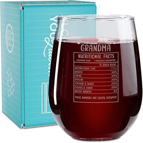 On The Rox Drinks Wine Gifts for Grandmother - 17 Oz Grandma Nutritional Facts Engraved Stemless Wine Glass