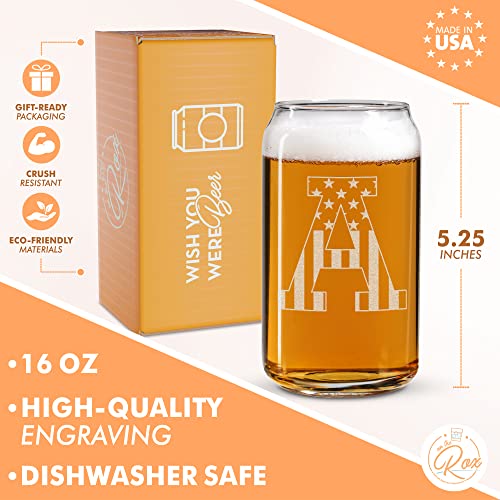 Monogram Beer Glasses for Men (A-Z) 16 oz - Beer Gifts for Men Brother Son Dad Neighbor - Unique Gifts for Him - Personalized Drinking Gift Beer Glass Mugs - Engraved Beer Can Glass ( A )