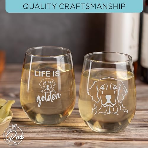 On The Rox Drinks Golden Retriever Gifts for Dog Lovers - Life Is Golden Stemless Wine Glass Set of 2- Cute Dog Face Glasses for Women - Funny Tumbler, Cup for Pet Lovers