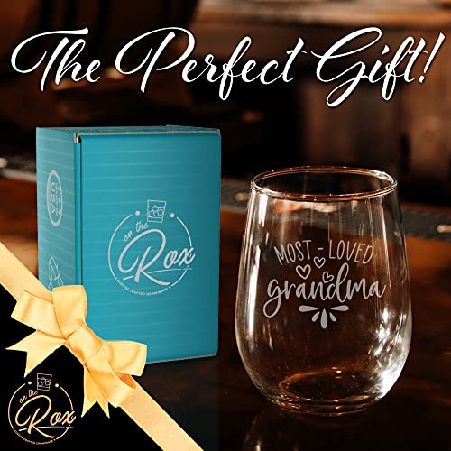 On The Rox Drinks Wine Gifts for Grandmother - 17 Oz Most Loved Grandma Engraved Stemless Wine Glass