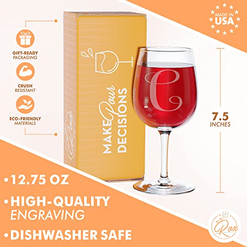 On The Rox Drinks Monogrammed Gifts for Women - A-Z Personalized Wine Glasses Engraved- 12.75 Oz (C)