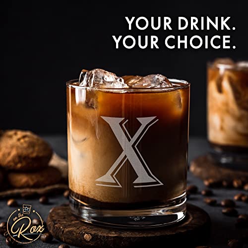 (X-Monogram)- 4 Piece Set of 11 Ounce Engraved Heavy Base Rocks Glasses- Quality Elegant Glass-Multi-Purpose Beverage-Rocks Glass- For any Occasion- By: On The Rox