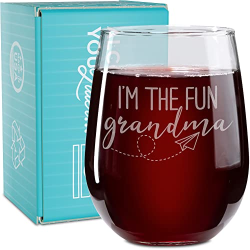 On The Rox Drinks Wine Gifts for Granny - 17 Oz I’m The Fun Grandma Engraved Stemless Wine Glass
