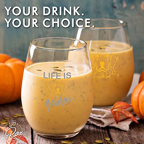 Golden Retriever Gifts for Dog Lovers - "Life Is Golden" Colored Stemless Wine Glass Set of 2 - Cute Dog Face Glasses for Women - Funny Tumbler, Cup for Pet Lovers by On The Rox Drinks