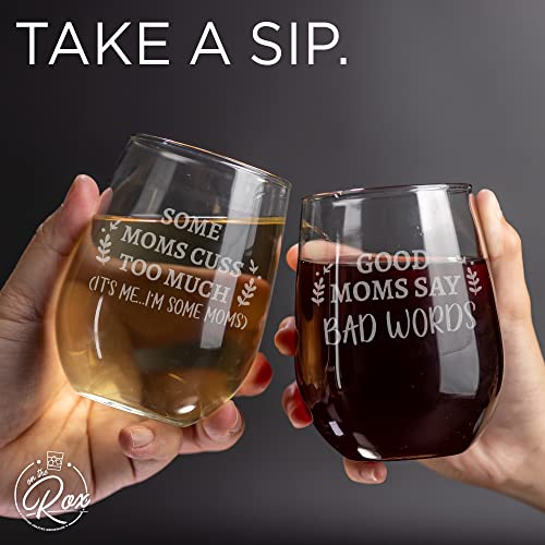 On The Rox Drinks Wine Gifts for Moms - 17oz Good Moms and Some Moms Stemless Wine Glass Set of 2