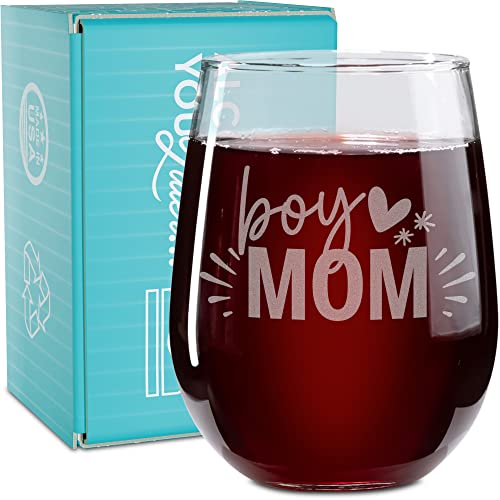On The Rox Drinks Wine Gifts for Mom- 17Oz “Boy Mom” Engraved Stemless Wine Glass