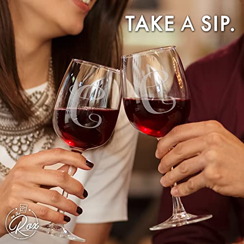 On The Rox Drinks Monogrammed Gifts for Women - A-Z Personalized Wine Glasses Engraved- 12.75 Oz (C)