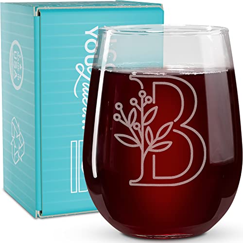 On The Rox Drinks Monogrammed Gifts For Women and Men - Letter A-Z Initial Engraved Monogram Stemless Wine Glass - 17 Oz Personalized Wine Glifts For Women and Men (B)