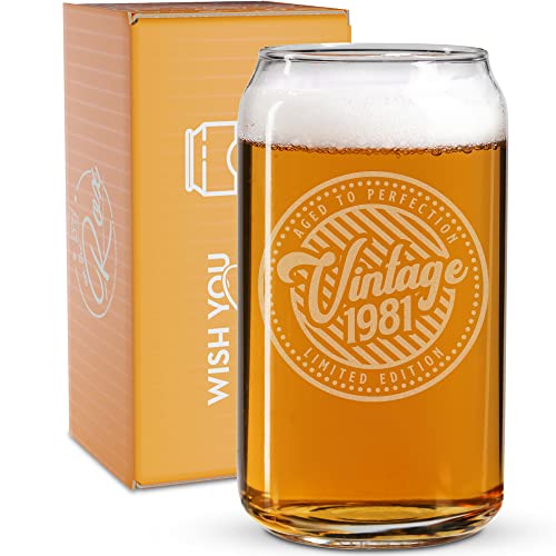 Aged to Perfection 1981 Birthday Gifts - 41st Birthday Gifts for Women Men Born in 1981 - 16 Oz Engraved Vintage Beer Can Glass - For 41 Year Old - Back in the Day 1981 Bday Card and Candy Decorations