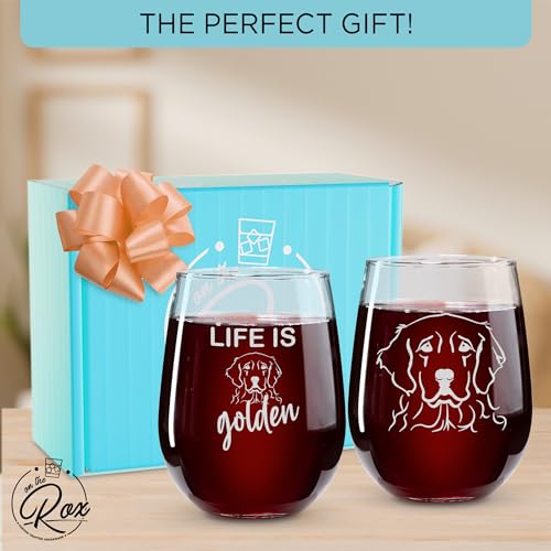 On The Rox Drinks Golden Retriever Gifts for Dog Lovers - Life Is Golden Stemless Wine Glass Set of 2- Cute Dog Face Glasses for Women - Funny Tumbler, Cup for Pet Lovers