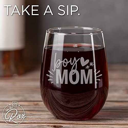 On The Rox Drinks Wine Gifts for Mom- 17Oz “Boy Mom” Engraved Stemless Wine Glass