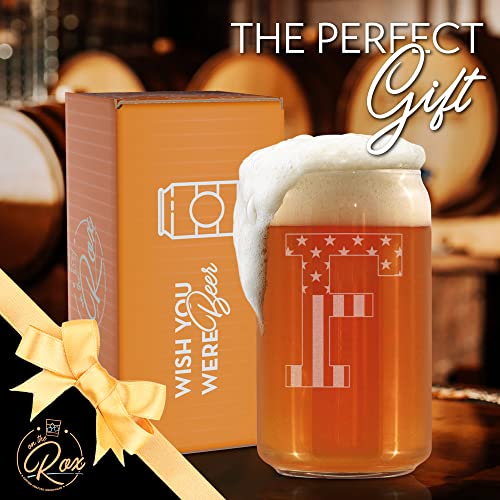 Monogram Beer Glasses for Men (A-Z) 16 oz - Beer Gifts for Men Brother Son Dad Neighbor - Unique Gifts for Him - Personalized Drinking Gift Beer Glass Mugs - Engraved Beer Can Glass ( F )