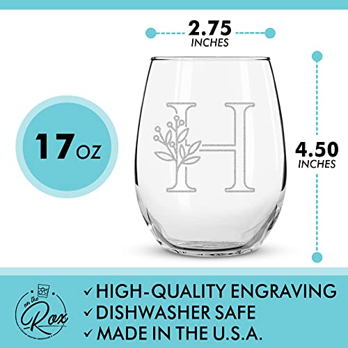 On The Rox Drinks Monogrammed Gifts For Women and Men - Letter A-Z Initial Engraved Monogram Stemless Wine Glass - 17 Oz Personalized Wine Glifts For Women and Men (H)