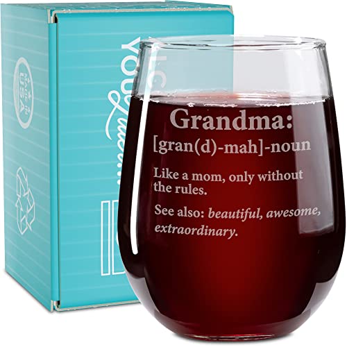 On The Rox Drinks Wine Gifts for Grandmothers- 17 Oz Grandma: Like A Mom, Only Without The Rules Engraved Stemless Wine Glass