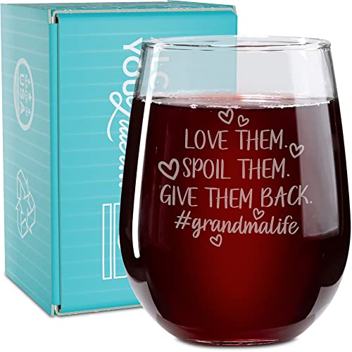 On The Rox Drinks Wine Gifts for Grandmothers - 17 Oz Love Them. Spoil Them. Give Them Back. Grandma Life Engraved Stemless Wine Glass